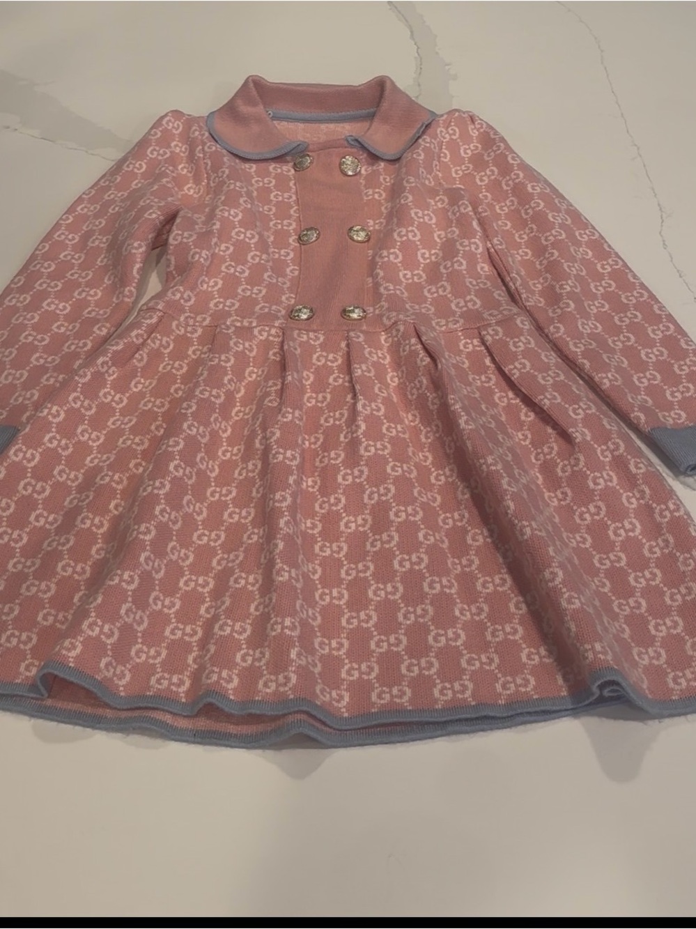 Girls Pink Monogram Print Long Sleeve Dress with Gold Buttons
